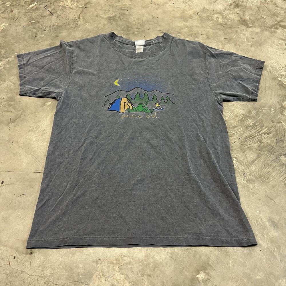 Vintage Peace Frogs Mens Blue Peace Out Logo Crew Campfire T-Shirt Size Medium